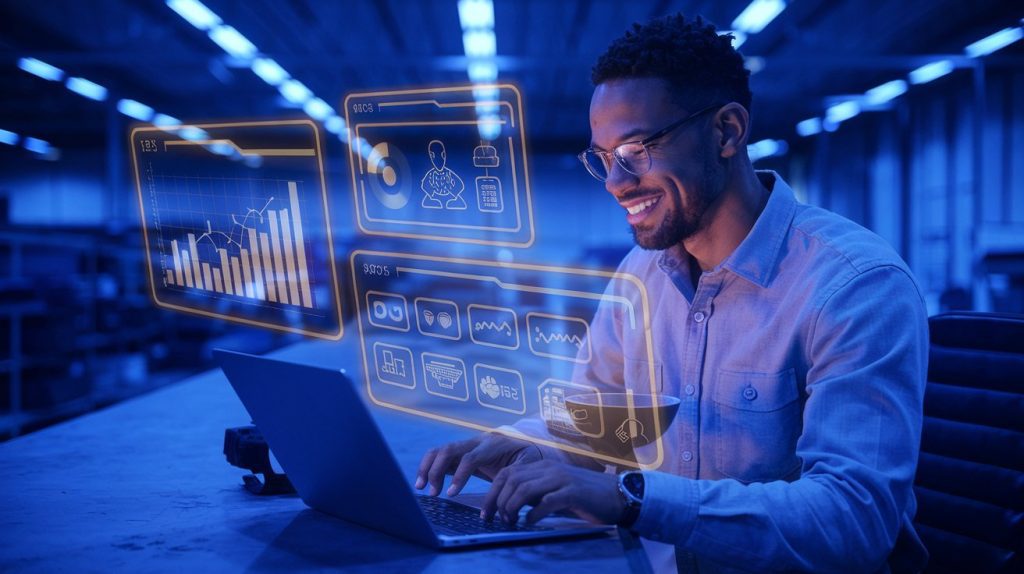 Morrisville, NC AI Workflow Automation Solutions: A man joyfully views reports showcasing his small business reports improved by services from Flux+Form