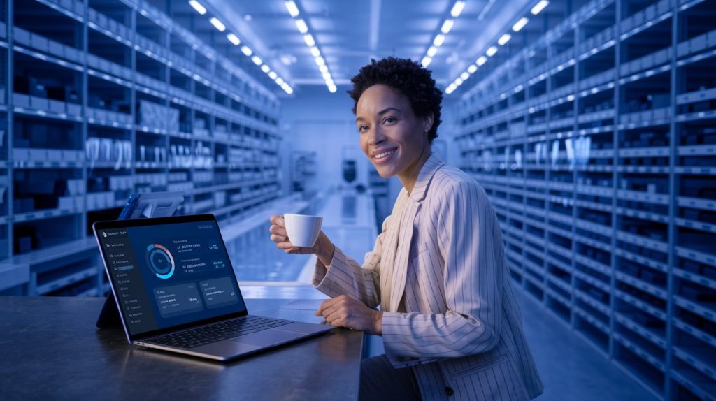 Morrisville, NC AI Inventory Management Solutions: A happy small business owner enjoys a coffee. She's stress free because her inventory is managed with AI.