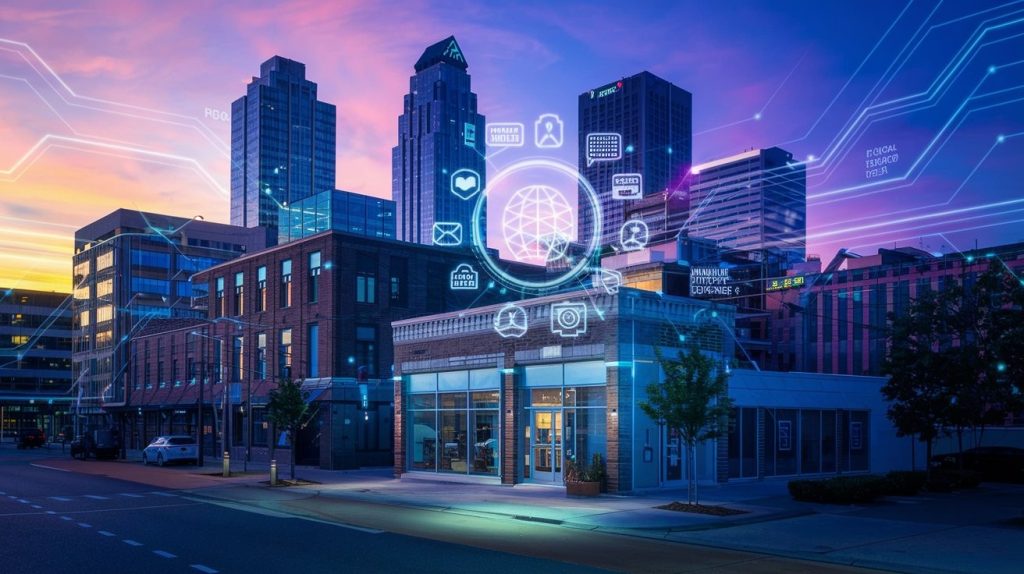 Durham, North Carolina at dusk. AI Solutions flow through the city