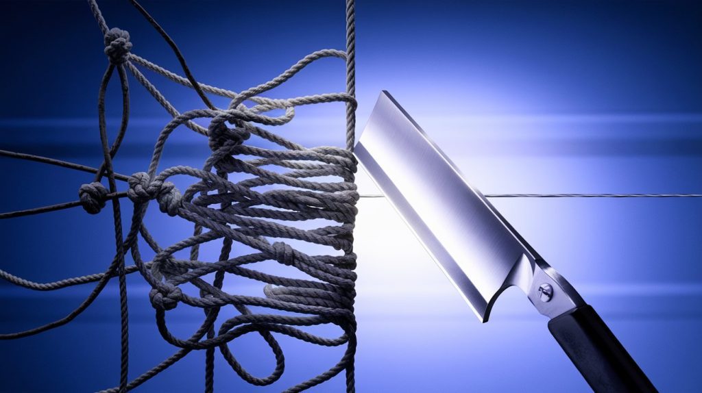 A large, sharp straight razor slicing cleanly through a tangled mass of ropes and wires. On one side of the cut, the ropes and wires are chaotic, knotted, and messy, representing confusion and complexity. On the other side, only a single clean, straight wire remains, symbolizing clarity and simplicity. The background is minimalistic, with soft lighting that emphasizes the contrast between the tangled mess and the clean solution