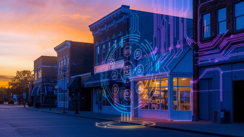Pittsboro, North Carolina at sunset. AI solutions run through the streets