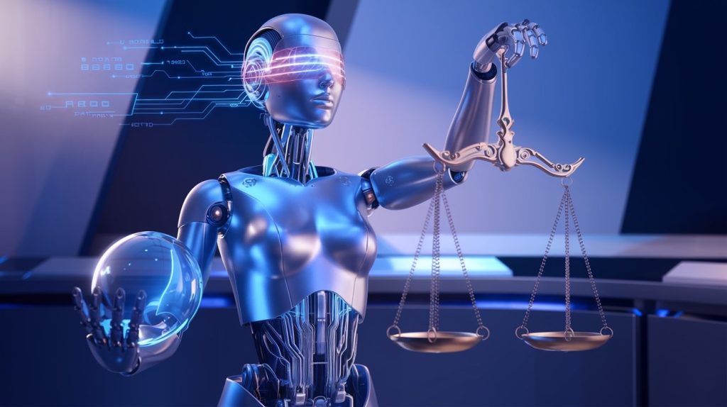 Responsible AI for SMB: A futuristic interpretation of Lady Justice as an AI-powered robot. The statue maintains the classic pose of Lady Justice—holding the scales of justice in one hand and a glowing transparency orb in the other. The figure is sleek, metallic, and humanoid, with intricate circuits and a glowing neural network design integrated into its robotic body. Its blindfold is made of flowing digital data streams, symbolizing AI’s potential biases. The background features a subtle, futuristic courtroom or legal setting, softly illuminated to emphasize the balance between ethics, law, and AI decision-making.