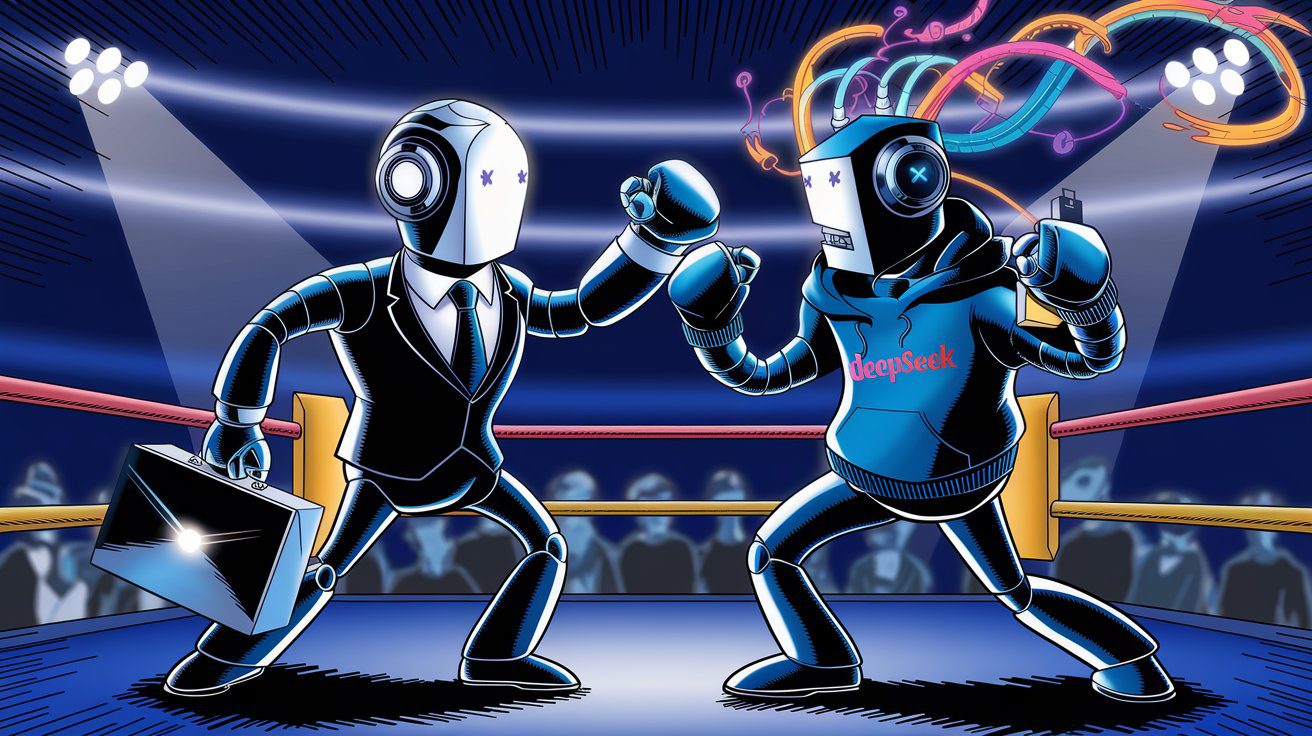 OpenAI versus DeepSeek: an image of two robots boxing each other in a ring. The winner will be crowned "Deep Research Champion."