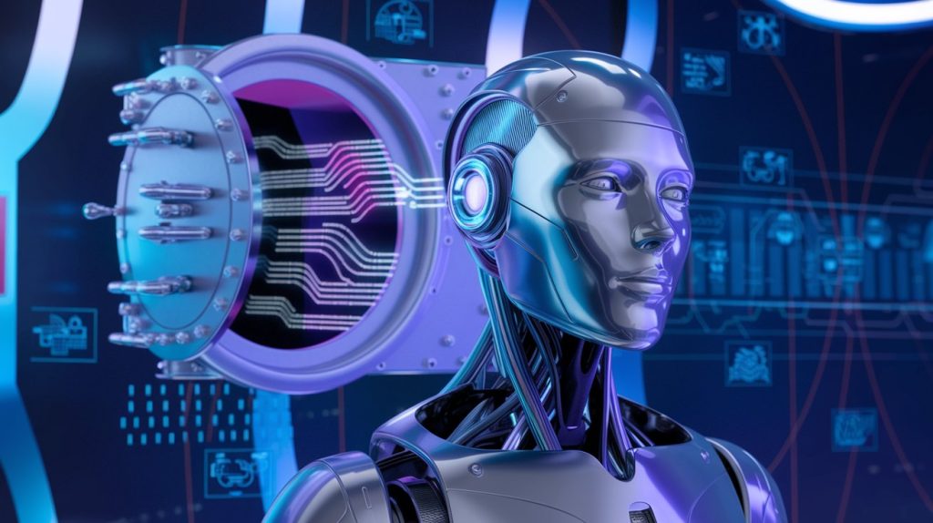 What is model context protocol mcp? A futuristic robotic head with a sleek, metallic design, featuring a secure vault door as its brain. 
