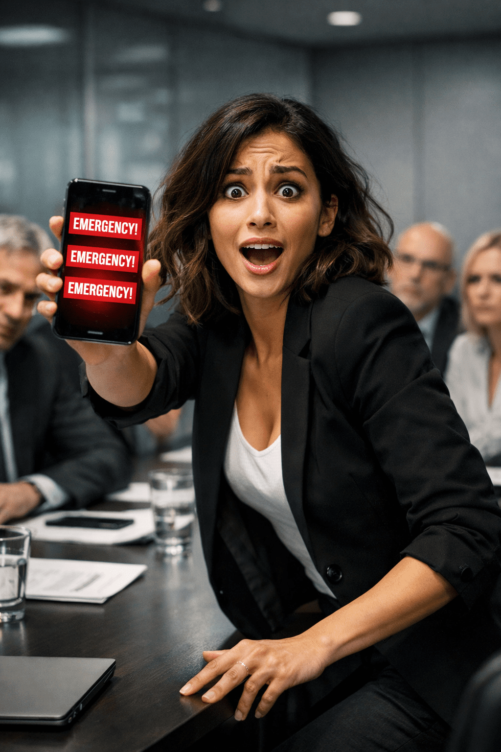 Savvy millennial woman holding up phone with emergency notifications during a boring meeting